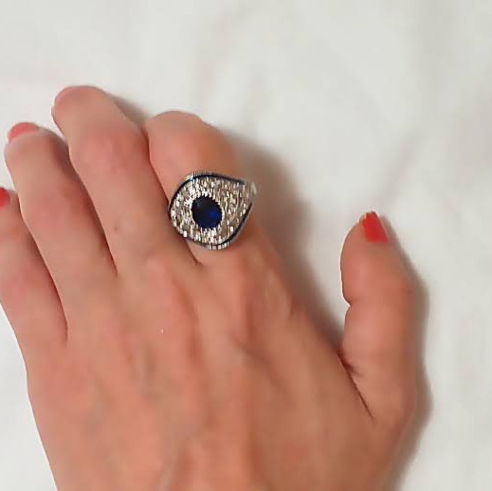 Art Deco Vintage Women's Silver,Sapphire, white Topaz Ring. Gorgeous